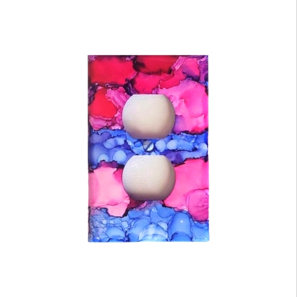 Hand Crafted Pink Blue and Purple Abstract Design Duplex Outlet Wall Plate - Picture 2 of 2